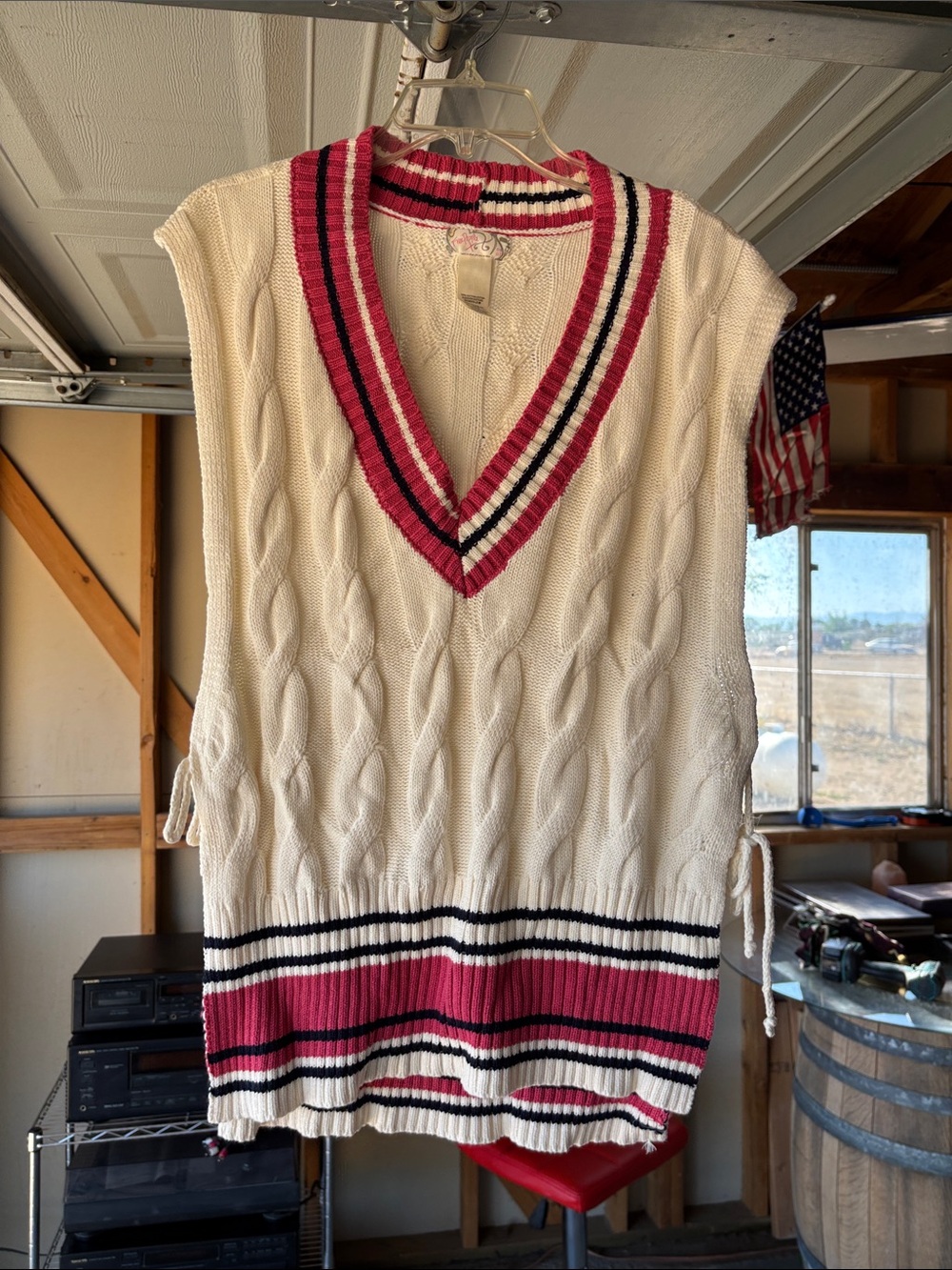 Free People Cream Cable Knit V-Neck Sweater Vest with red and Black Trim